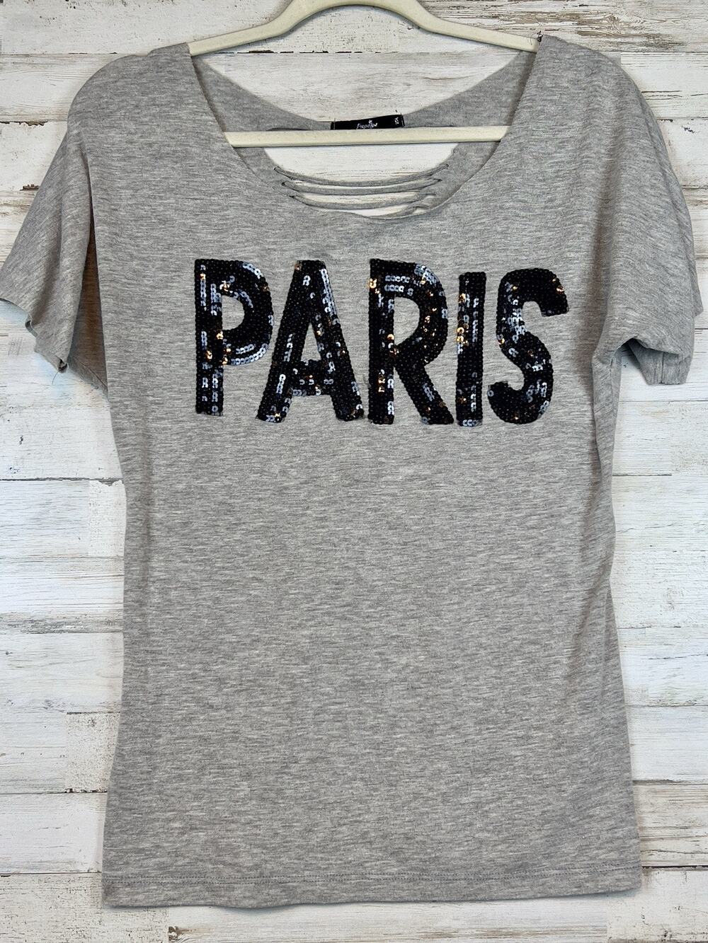 Papaya Paris Sequin Shirt Women Small Gray Back Lace Detail Sexy Made in USA Tee